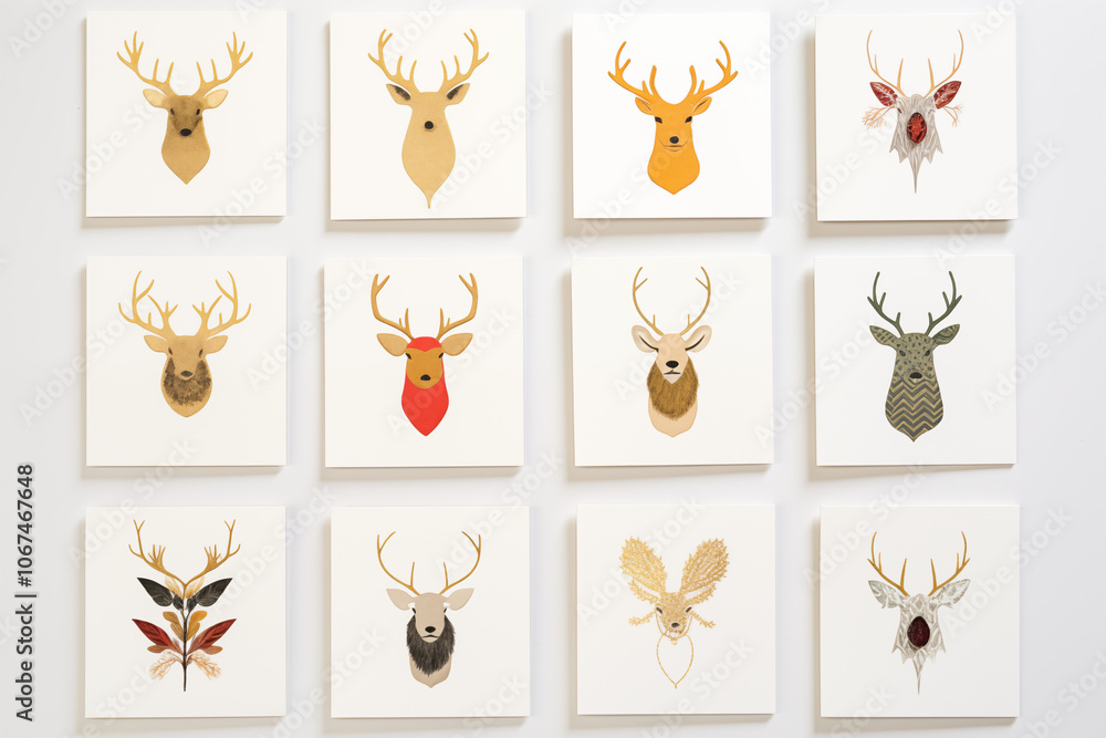 A creative collection of animal head illustrations featuring various deer with unique designs. Perfect for home decor or artistic projects. A creative collection of animal head illustrations featuring various deer with unique designs. Perfect for home decor or artistic projects.
