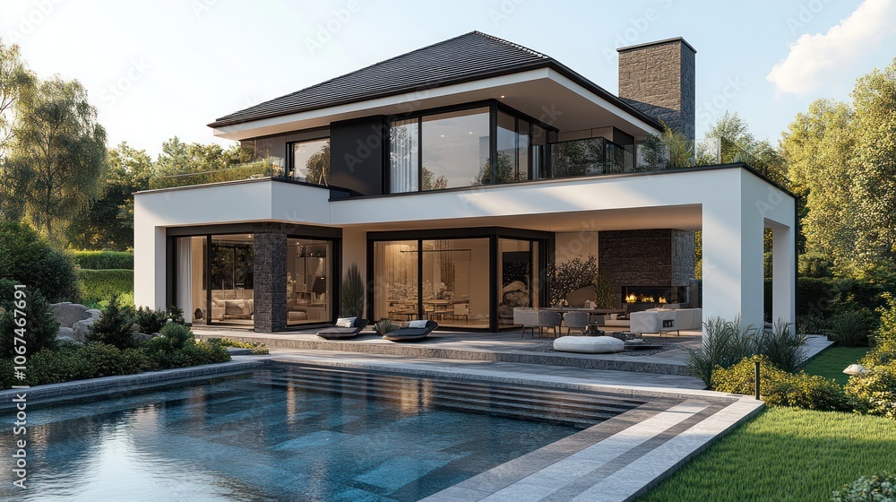 Modern luxury home with a swimming pool and lush green lawn. Modern luxury home with a swimming pool and lush green lawn.