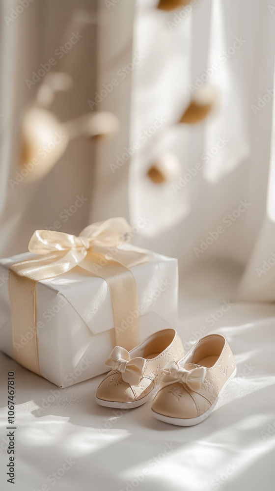 Adorable baby shoes and gift box for baby shower or newborn celebration Adorable baby shoes and gift box for baby shower or newborn celebration