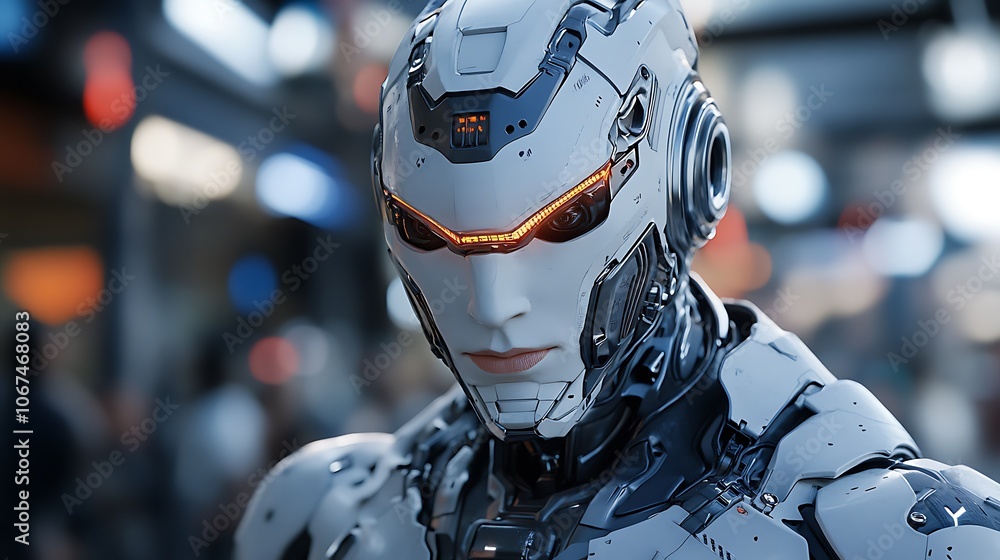 Futuristic bionic superhuman with advanced mechanical parts integrated seamlessly with human features in a high-tech background