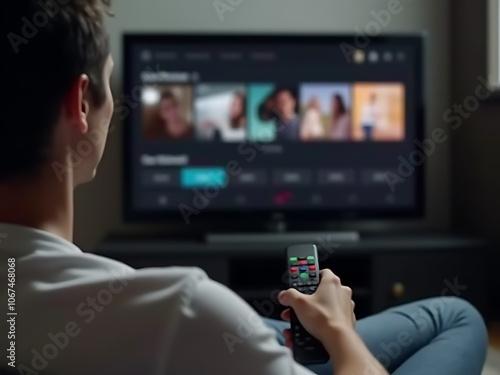 A person is watching a video on demand streaming service on their TV with a remote control by their side photo