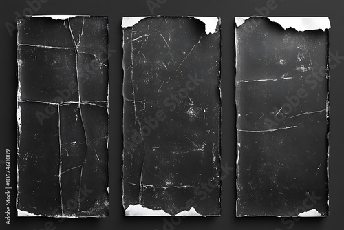 Old paper frame. Vintage photo edge poster with black torn. Retro overlay worn. Grainy scratches. Album damaged cover. Grunge textures. Rough distressed background. Vector banners set
