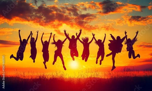 Energetic fans jumping in rhythm at live concert, silhouetted against vibrant sunset. atmosphere is filled with excitement and joy as music plays