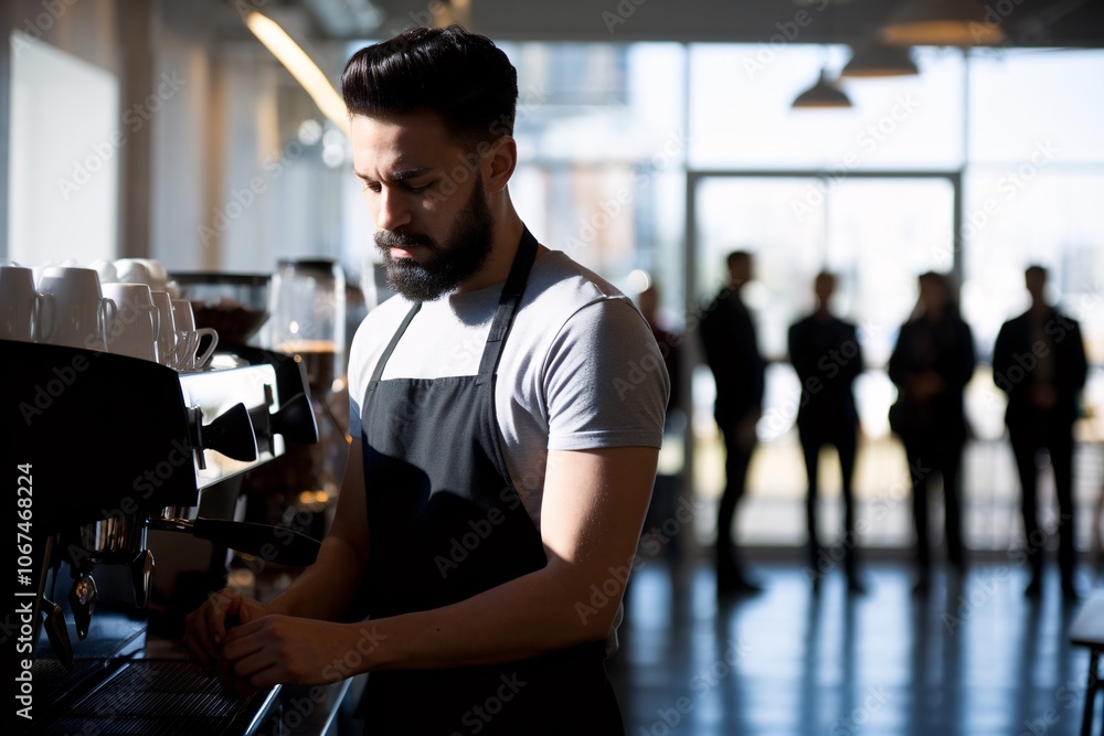 The Art of the Brew: A focused barista in a modern cafe prepares a perfect cup of coffee, the aroma of freshly ground beans filling the air. The Art of the Brew: A focused barista in a modern cafe prepares a perfect cup of coffee, the aroma of freshly ground beans filling the air.