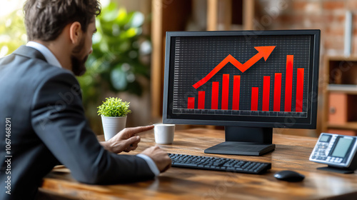 Businessman pointing at red growth chart on computer screen in modern office. AI-generated