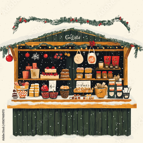 Christmas market stand with holiday treats illustration