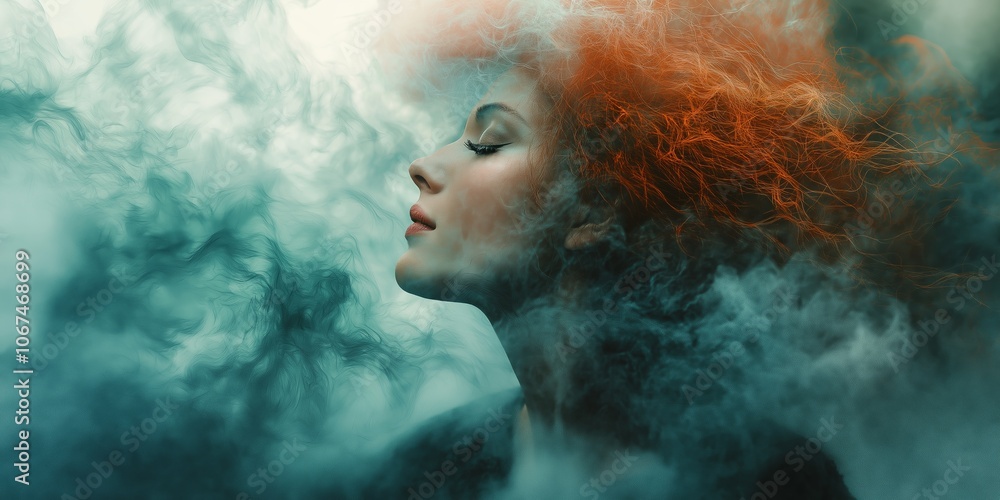 A woman is enveloped in swirling vibrant smoke, suggesting mystery, dreams, and creative imagination in an ethereal setting. A woman is enveloped in swirling vibrant smoke, suggesting mystery, dreams, and creative imagination in an ethereal setting.