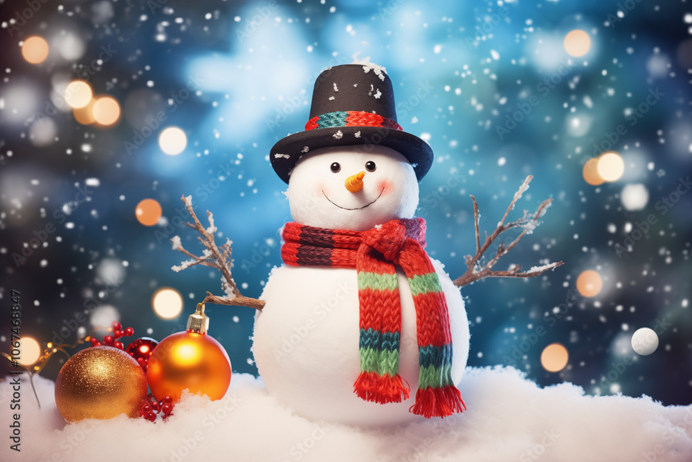 A cheerful snowman wearing a black hat and colorful scarf stands amidst falling snow, surrounded by holiday ornaments, creating a festive winter scene. A cheerful snowman wearing a black hat and colorful scarf stands amidst falling snow, surrounded by holiday ornaments, creating a festive winter scene.
