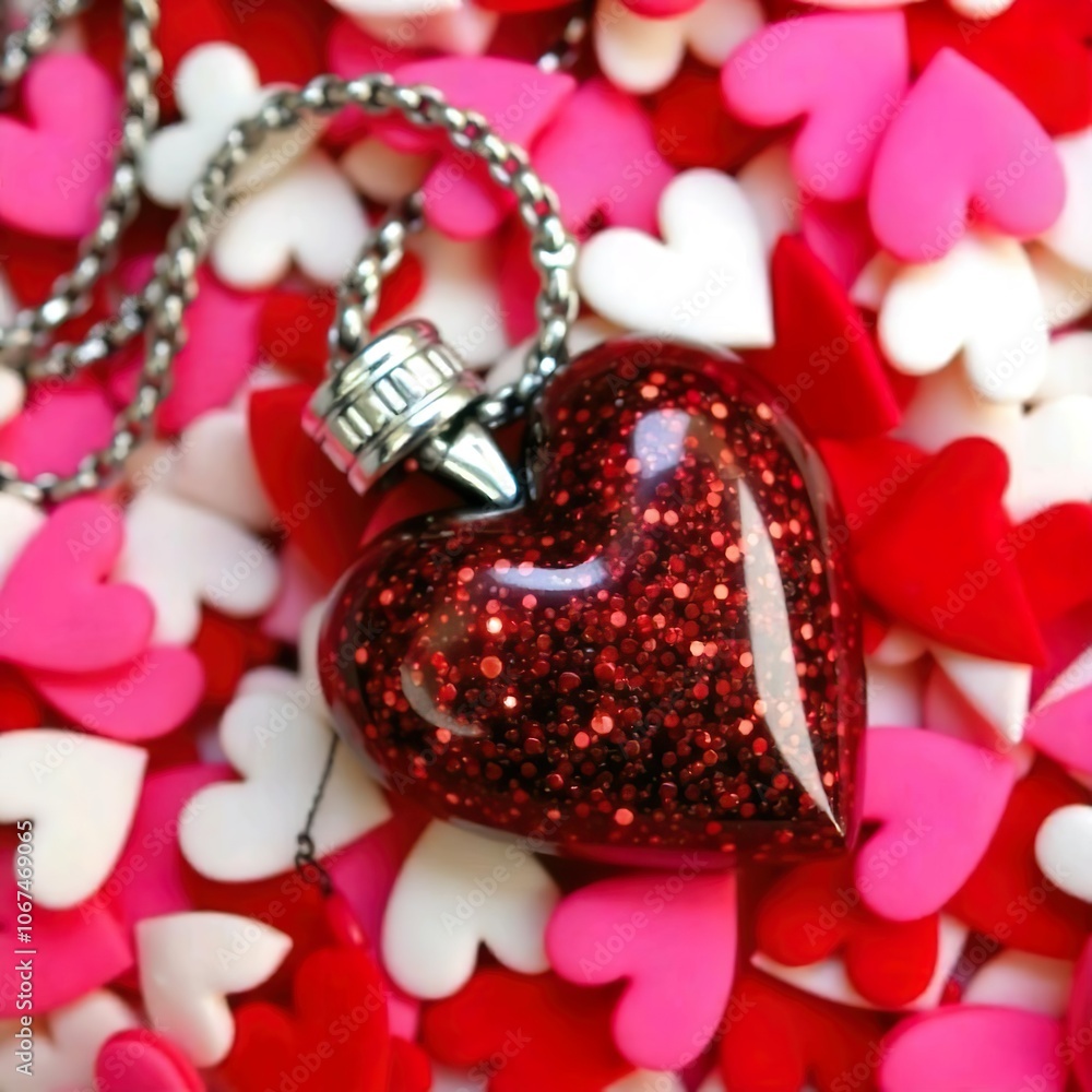 A pendant necklace with a red glittering heart shape that is surrounded by pink and red heart-shaped petals A pendant necklace with a red glittering heart shape that is surrounded by pink and red heart-shaped petals