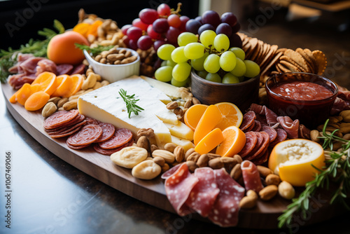 A beautifully arranged charcuterie board featuring a variety of cheeses, fruits, and snacks, perfect for entertaining or enjoying a casual meal.