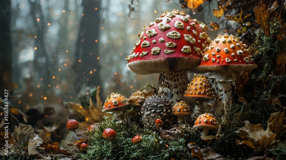 Fototapeta premium Close-up of fly agaric mushrooms in a mystical forest