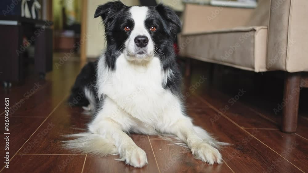Cute puppy dog border collie lying down playing with funny face on floor at home indoors. Pet dog resting ready to sleep indoor. Funny emotional dog Love for pets friendship companion pet care Cute puppy dog border collie lying down playing with funny face on floor at home indoors. Pet dog resting ready to sleep indoor. Funny emotional dog Love for pets friendship companion pet care