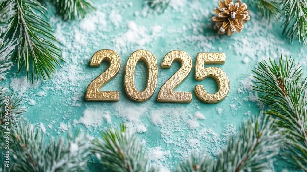 Golden volumetric numbers 2025 in the center on a pale green background with spruce branches Golden volumetric numbers 2025 in the center on a pale green background with spruce branches