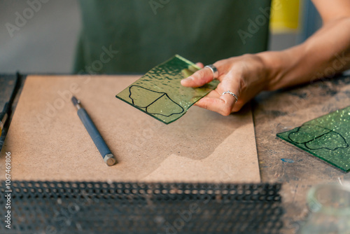 Canvas Print close up in large green workshop a thin woman with green hair at a large table c