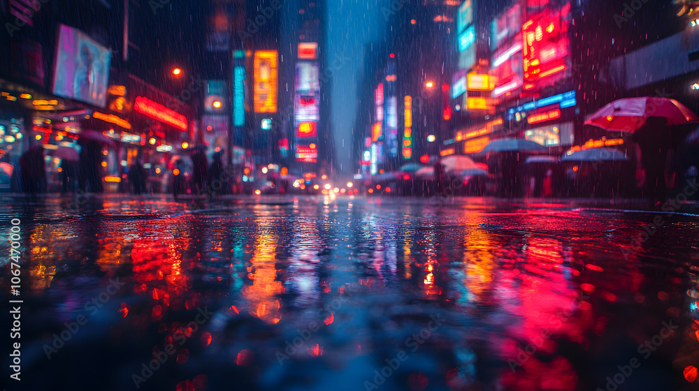 Rain falling on city streets with reflections of neon lights on wet pavement, creating a vibrant urban night scene
Rain falling on city streets with reflections of neon lights on wet pavement, creating a vibrant urban night scene