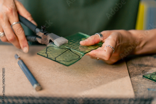 Photography close up in large green workshop a thin woman with green hair at a large table c