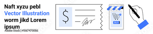 Hand signing check, payment check, shopping cart icon with BUY button, and text elements. Ideal for financial transactions, e-commerce websites, business presentations, banking apps, online shopping