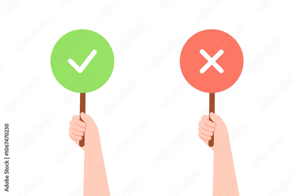 Hand holding tick check mark and cross mark placard banner set. Communication, feedback, debate, protest, vote, choice concept. Flat vector design isolated illustration. Hand holding tick check mark and cross mark placard banner set. Communication, feedback, debate, protest, vote, choice concept. Flat vector design isolated illustration.
