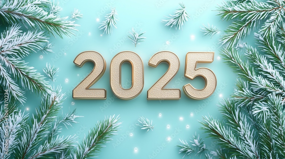 Golden volumetric numbers 2025 in the center on a pale green background with spruce branches Golden volumetric numbers 2025 in the center on a pale green background with spruce branches