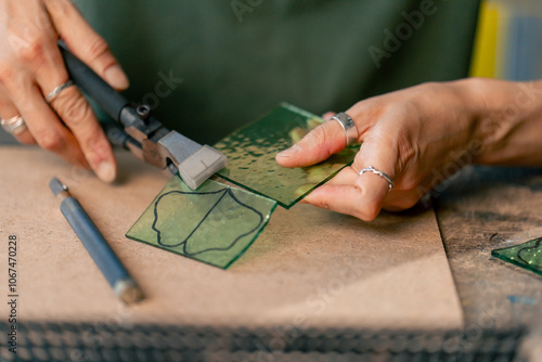 Canvas Print close up in large green workshop a thin woman with green hair at a large table c