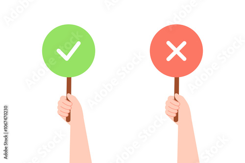 Hand holding tick check mark and cross mark placard banner set. Communication, feedback, debate, protest, vote, choice concept. Flat vector design isolated illustration.