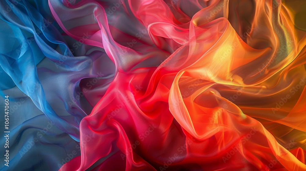 Fototapeta premium Colorful abstract chiffon fabric in red, orange, and blue hues