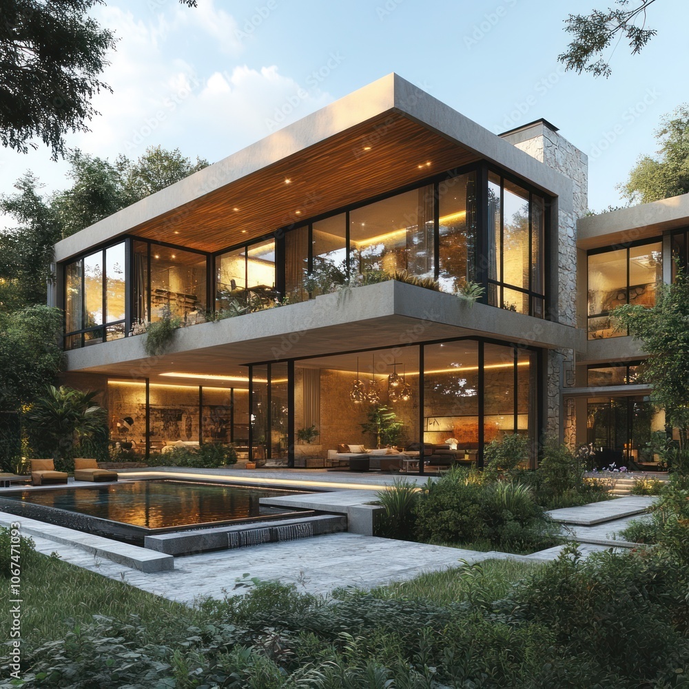 Modern two-story home with a swimming pool, deck, and landscaping. Modern two-story home with a swimming pool, deck, and landscaping.