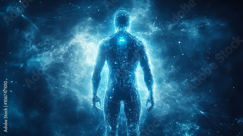 Bionic human figure in advanced tech suit, with metallic components and digital energy lines, against a futuristic background