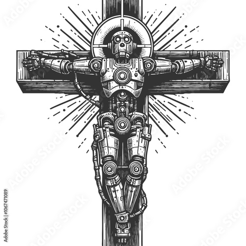 robotic figure on a cross, blending religious symbolism with futuristic, mechanical design elements sketch engraving generative ai vector illustration. Scratch board imitation. Black and white image.