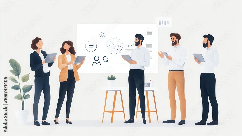 A group of six professionals engaged in a collaborative meeting, discussing ideas and reviewing digital tablets, surrounded by minimalistic decor. A group of six professionals engaged in a collaborative meeting, discussing ideas and reviewing digital tablets, surrounded by minimalistic decor.