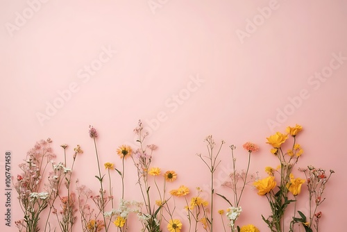 Flatlay of pink carnation flowers on pastel pink background. Top view minimalistic floral pattern. Valentine's Day, Mother's Day concept
