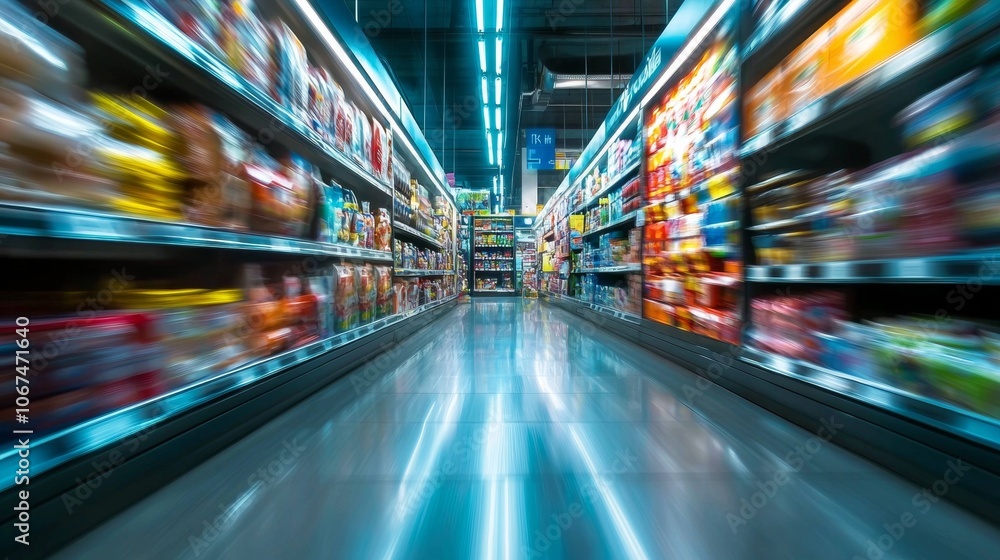 Blurred supermarket aisle with bright lights and stocked shelves Blurred supermarket aisle with bright lights and stocked shelves