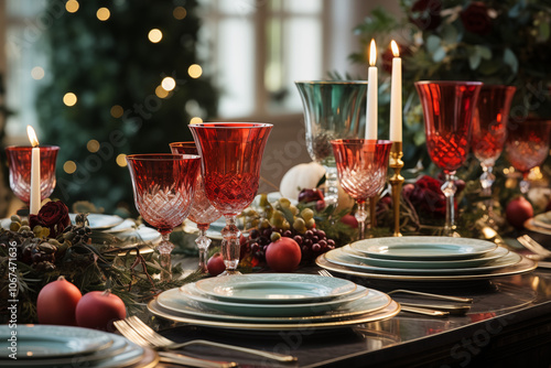 Elegant holiday dining table set with crystal glasses, candles, and festive decorations, perfect for Christmas gatherings