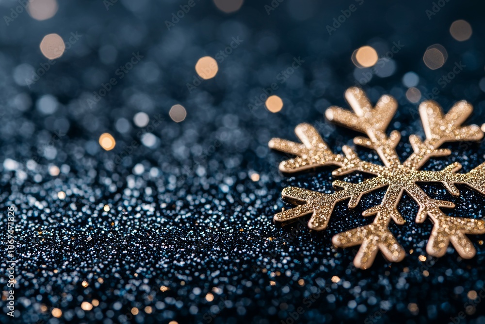 Captivating Close-up of a Detailed Gold Snowflake Against A Dark Blue Glittery Background Captivating Close-up of a Detailed Gold Snowflake Against A Dark Blue Glittery Background