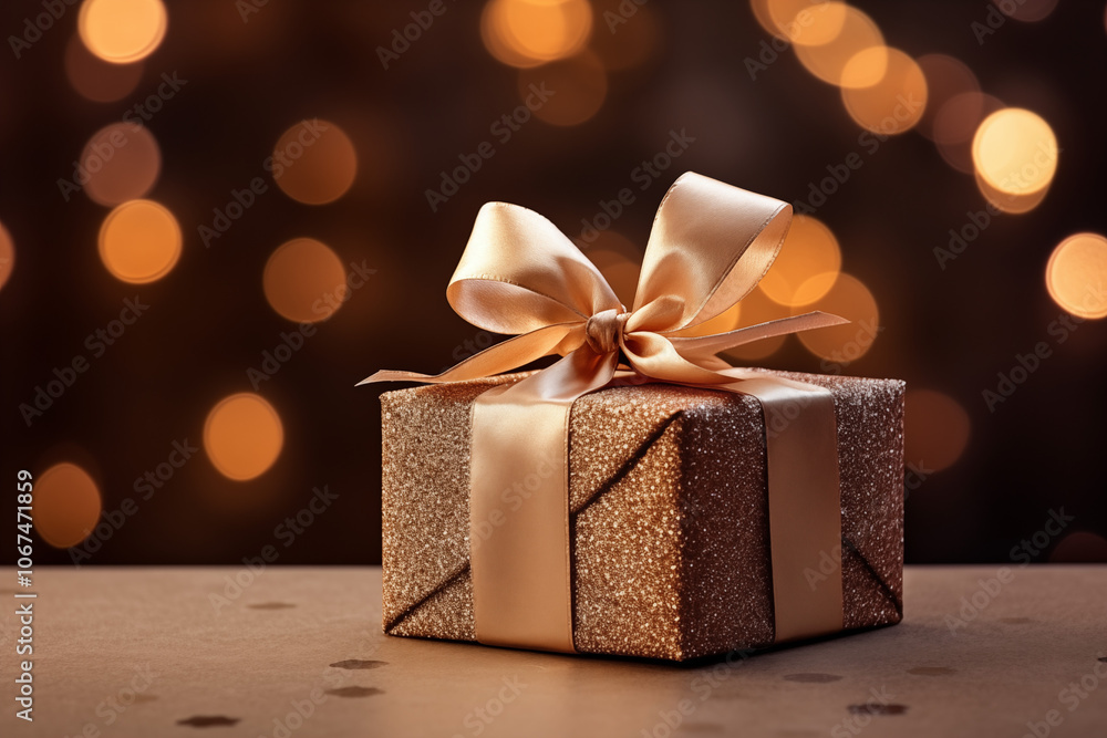 A beautifully wrapped golden gift box with a satin ribbon sits elegantly in the foreground against a blurred backdrop of warm bokeh lights, perfect for celebrations and special occasions. A beautifully wrapped golden gift box with a satin ribbon sits elegantly in the foreground against a blurred backdrop of warm bokeh lights, perfect for celebrations and special occasions.