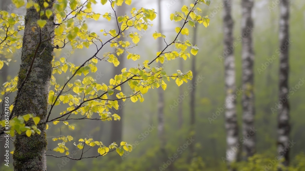 A serene forest scene with misty tree and vibrant green leaves, evoking tranquility and nature's beauty. A serene forest scene with misty tree and vibrant green leaves, evoking tranquility and nature's beauty.