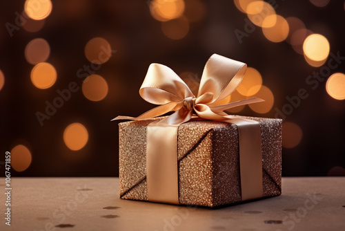 A beautifully wrapped golden gift box with a satin ribbon sits elegantly in the foreground against a blurred backdrop of warm bokeh lights, perfect for celebrations and special occasions.