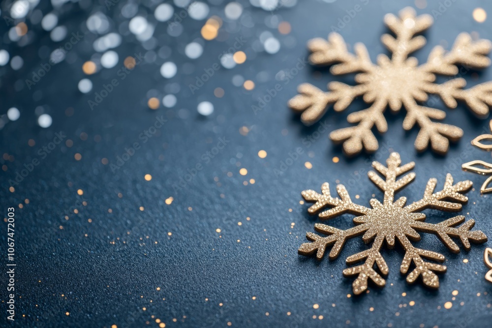 Close-up View of Three Gold Snowflakes Against a Textured, Dark Blue Background Close-up View of Three Gold Snowflakes Against a Textured, Dark Blue Background