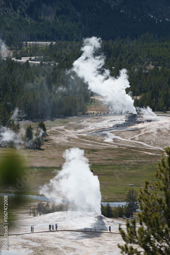 Plume, Beehive, Aurum, and Anemone geyser steaming along the boardwalks on Geyser Hill viewed from Observation Point in the Upper Basin of Yellowstone National Park