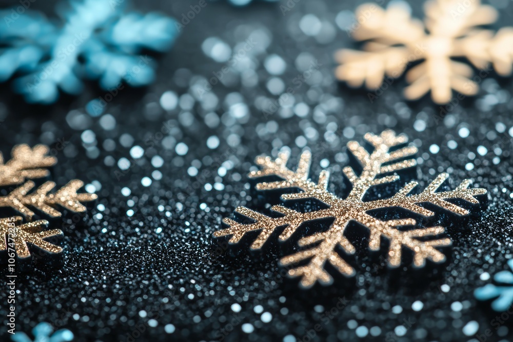 A Close-Up Shot of Golden Snowflakes on a Black and Blue Snowy Background A Close-Up Shot of Golden Snowflakes on a Black and Blue Snowy Background