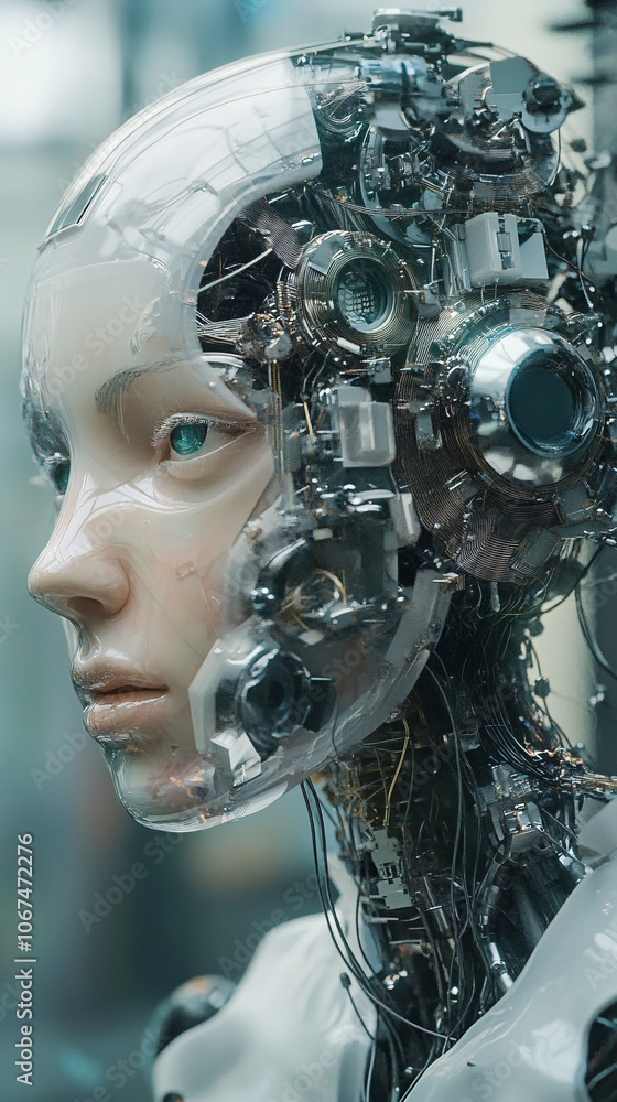 Futuristic gynoid showing complex internal mechanisms and transparent skull Futuristic gynoid showing complex internal mechanisms and transparent skull