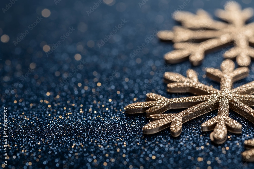 A Close-up View of Three Intricate Snowflakes Set Against a Sparkling Dark Blue Background A Close-up View of Three Intricate Snowflakes Set Against a Sparkling Dark Blue Background