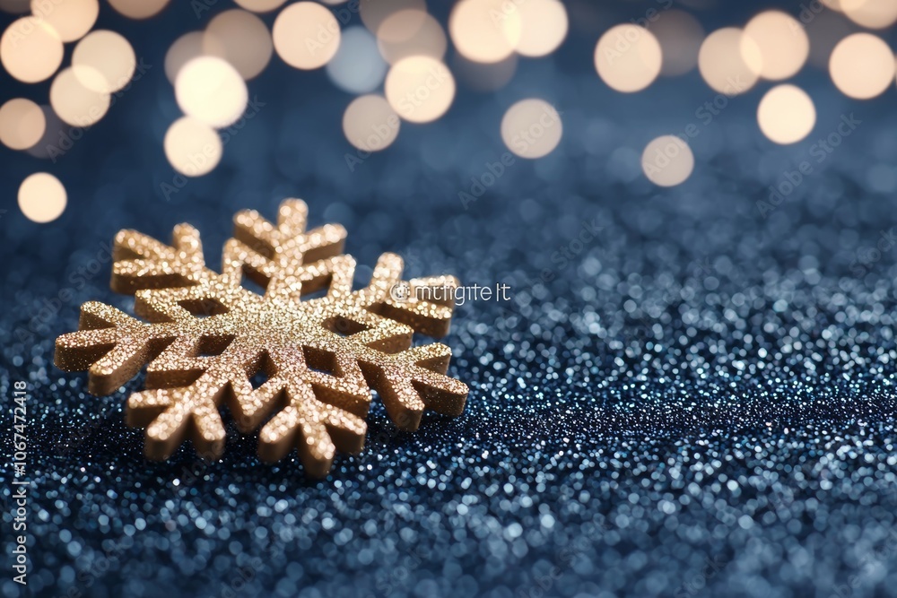 Close-Up Capture of a Gold Snowflake Against a Dark Blue Glittery Background Close-Up Capture of a Gold Snowflake Against a Dark Blue Glittery Background