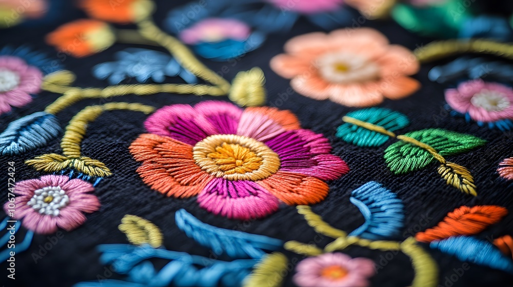 Close-up of an embroidered pattern with traditional folk motifs, featuring colorful flowers and decorative lines on a dark fabric. The design is detailed and intricate, showcasing the artistry in the Close-up of an embroidered pattern with traditional folk motifs, featuring colorful flowers and decorative lines on a dark fabric. The design is detailed and intricate, showcasing the artistry in the