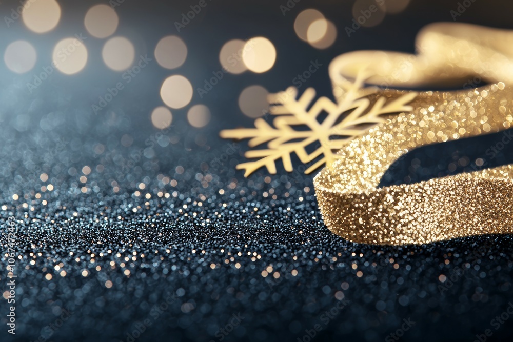 A Close-Up Image of a Gold Glittery Ribbon with Snowflake on a Dark Blue Surface A Close-Up Image of a Gold Glittery Ribbon with Snowflake on a Dark Blue Surface
