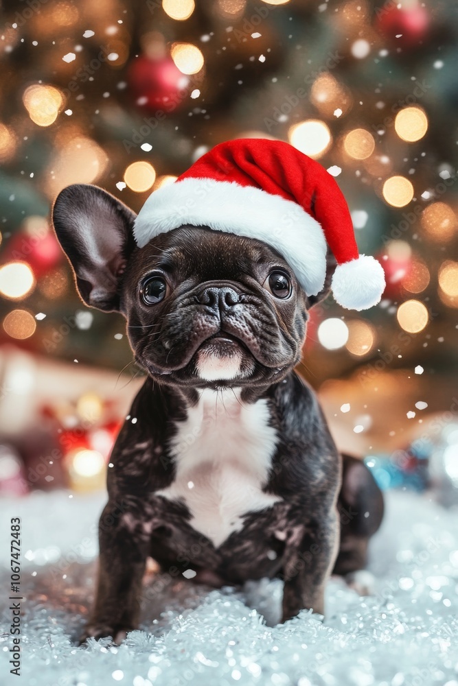 Adorable French bulldog puppy wearing a Santa hat, sitting in a festive winter setting with Christmas lights and snowflakes, capturing holiday spirit and charm Adorable French bulldog puppy wearing a Santa hat, sitting in a festive winter setting with Christmas lights and snowflakes, capturing holiday spirit and charm