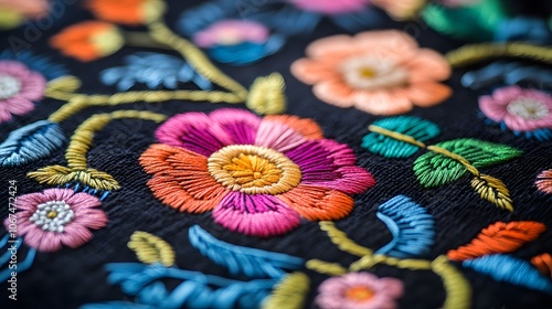 Close-up of an embroidered pattern with traditional folk motifs, featuring colorful flowers and decorative lines on a dark fabric. The design is detailed and intricate, showcasing the artistry in the 