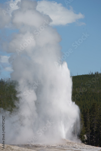 Old Faithful erupting in Upper Basin in Yellowstone National Park