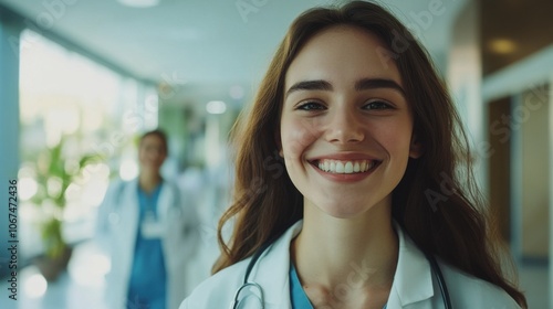 Professional portrait of a smiling young woman doctor, with a colleague in the background, set in a bright and welcoming hospital setting