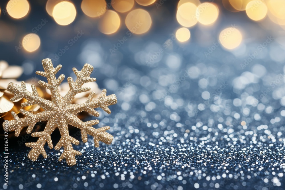 A Detailed Close-up of a Symmetrical Golden Snowflake on a Dark Blue, Glittery Background A Detailed Close-up of a Symmetrical Golden Snowflake on a Dark Blue, Glittery Background